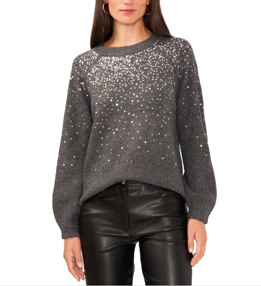 Vince Camuto Women Cozy Sequined Raglan Sleeve Sweater Heather Gray Size 2XL